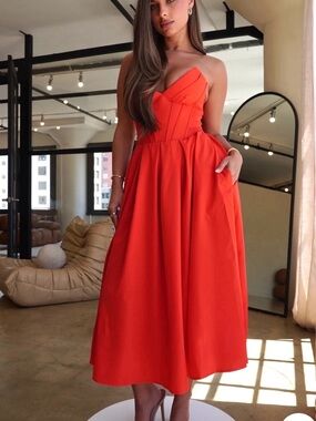 TOXIC ENVY Charlotte Strapless Midi Dress Red Sweetheart Bodice XL NWT